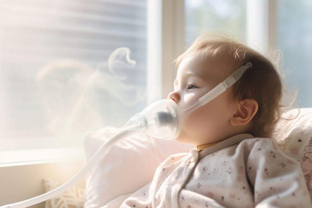 Baby girl use nebulizer smoke relaxation furniture. AI generated Image by rawpixel.