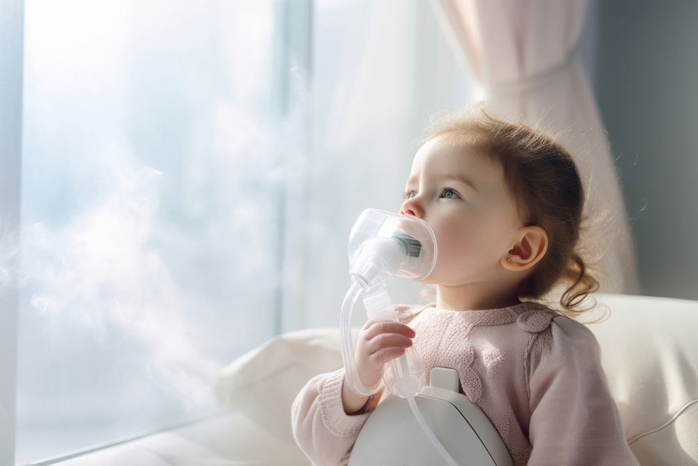 Baby girl use nebulizer contemplation innocence fragility. AI generated Image by rawpixel.