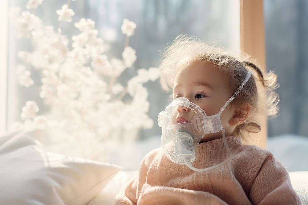 Baby girl use nebulizer mask photography portrait relaxation. AI generated Image by rawpixel.