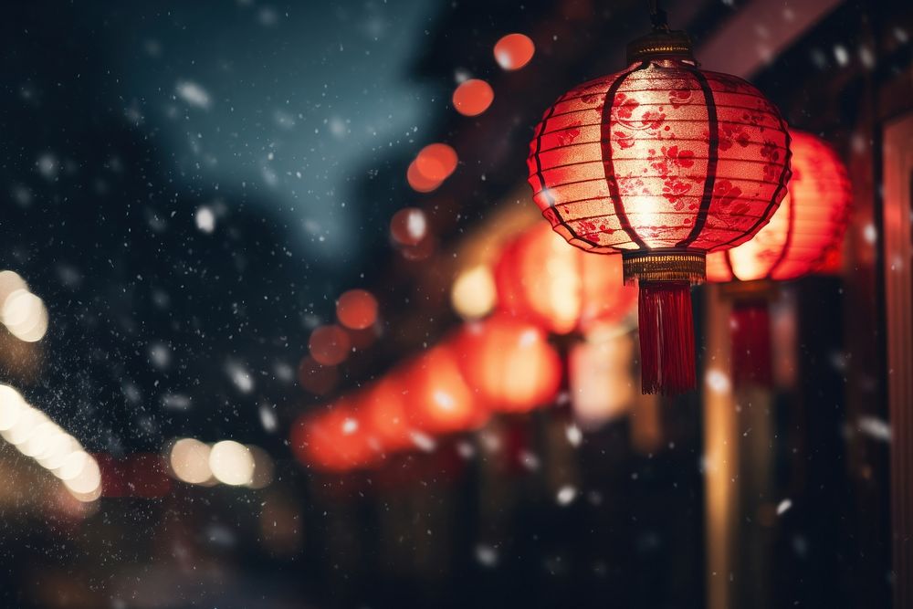 Chinese lantern snowing winter street. AI generated Image by rawpixel.