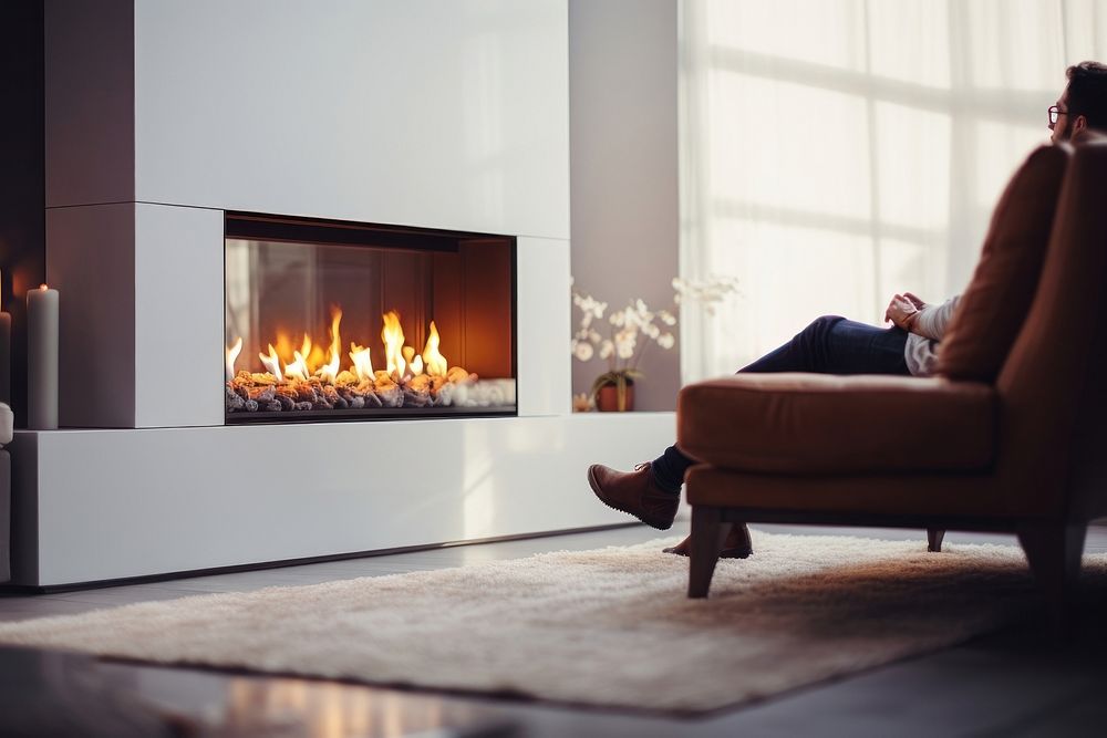 Fireplace sitting hearth person. AI generated Image by rawpixel.