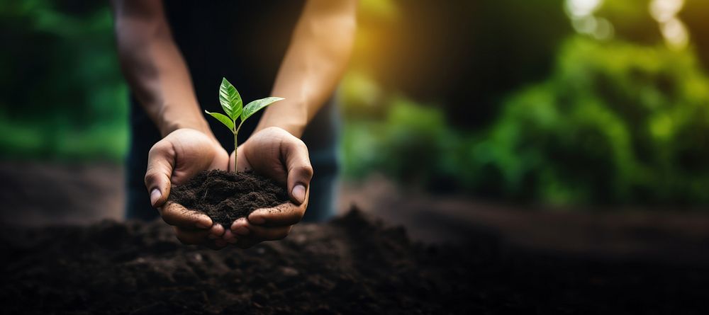 Hand holding young plant nature soil gardening. AI generated Image by rawpixel.