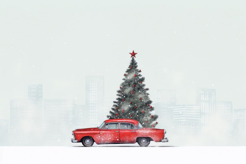 Red car carry christmas tree vehicle plant snow. AI generated Image by rawpixel.