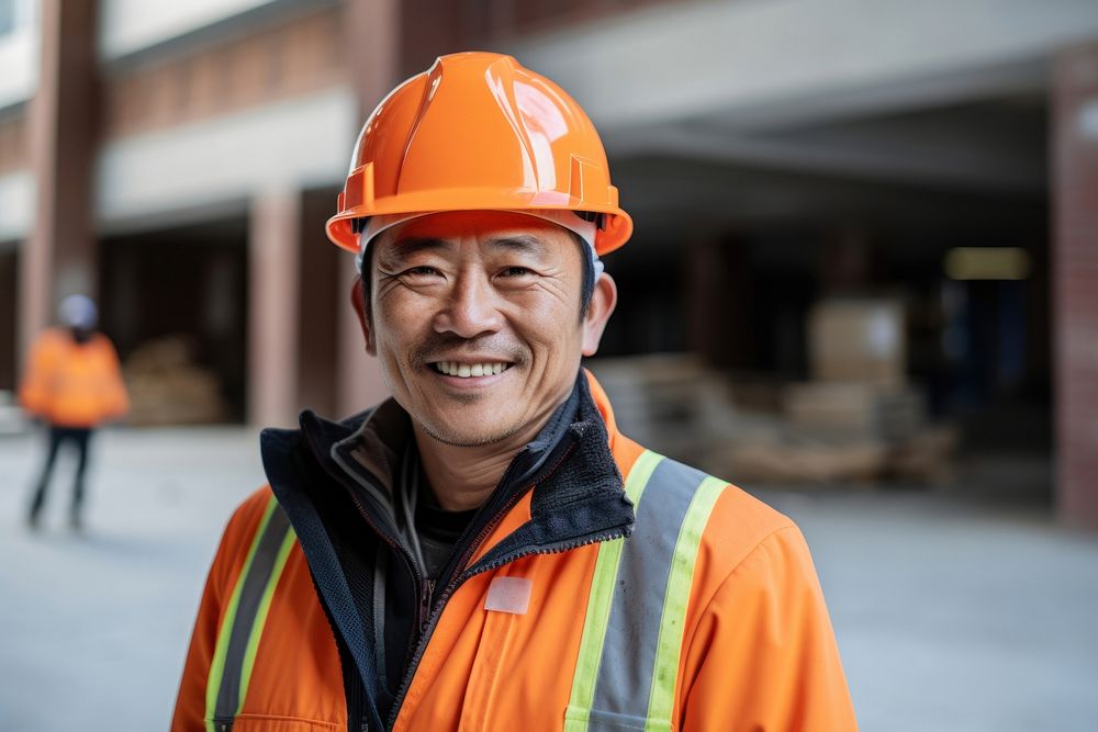 Senior Asian male worker in orange construction jacket hardhat helmet adult. AI generated Image by rawpixel.