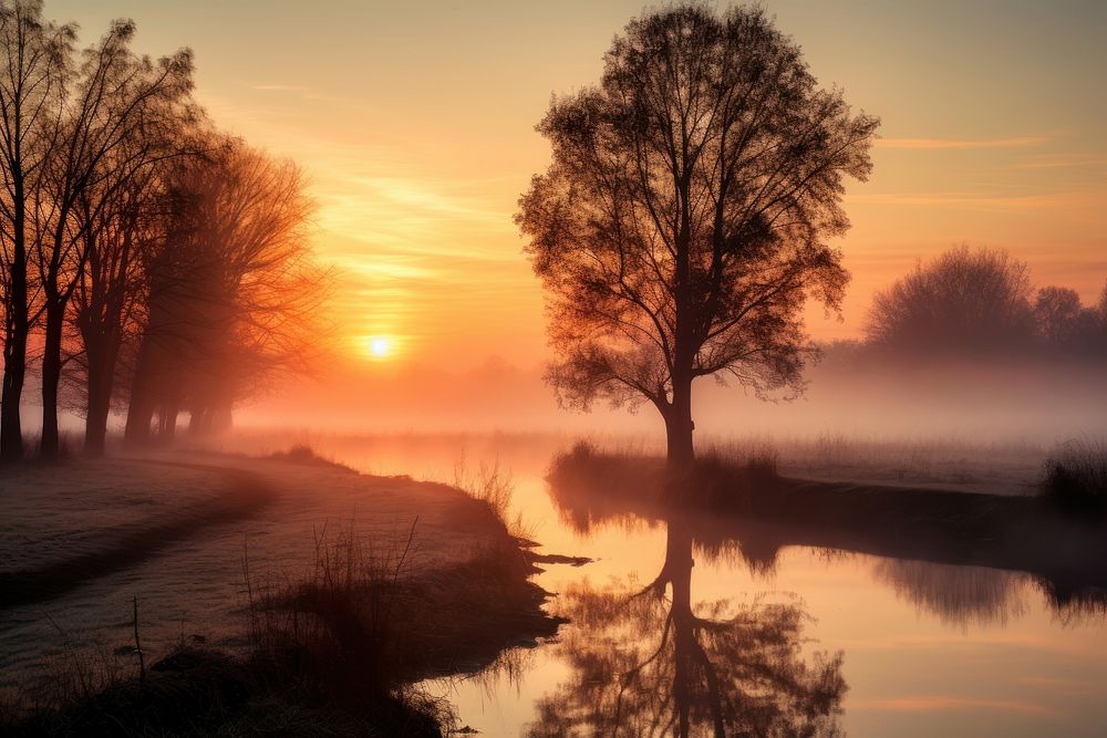Foggy dawn landscape sunlight outdoors sunset. AI generated Image by rawpixel.