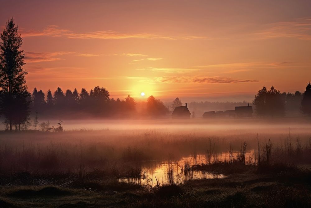 Foggy dawn landscape outdoors nature sunset. AI generated Image by rawpixel.