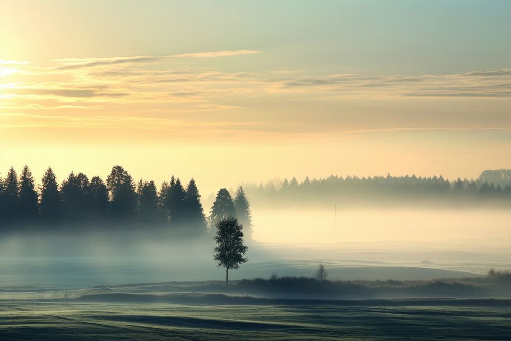Foggy dawn landscape outdoors sunrise nature. AI generated Image by rawpixel.