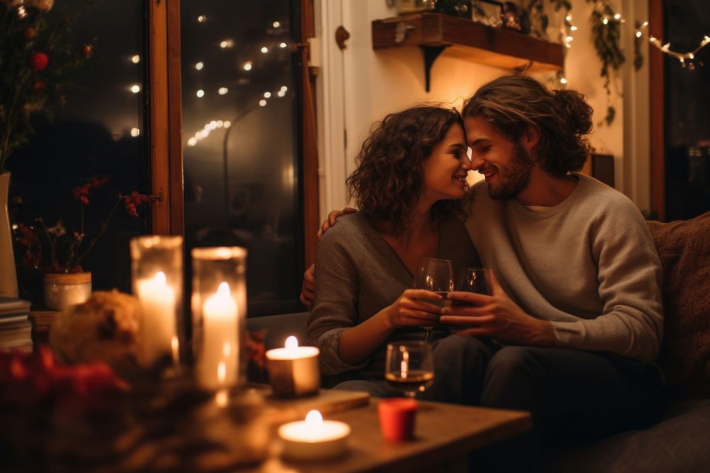 Couple lighting kissing candle. AI generated Image by rawpixel.