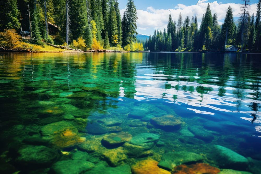 Green lake wilderness reflection landscape. AI generated Image by rawpixel.