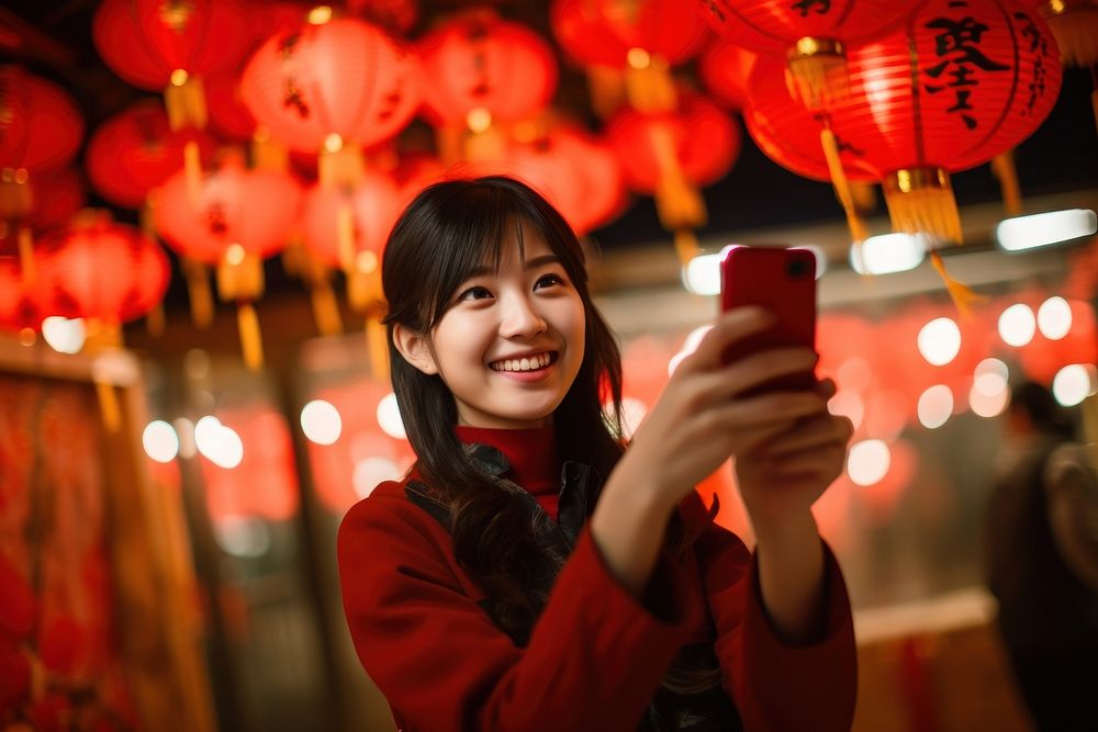 Chinese woman selfie festival lantern. AI generated Image by rawpixel.