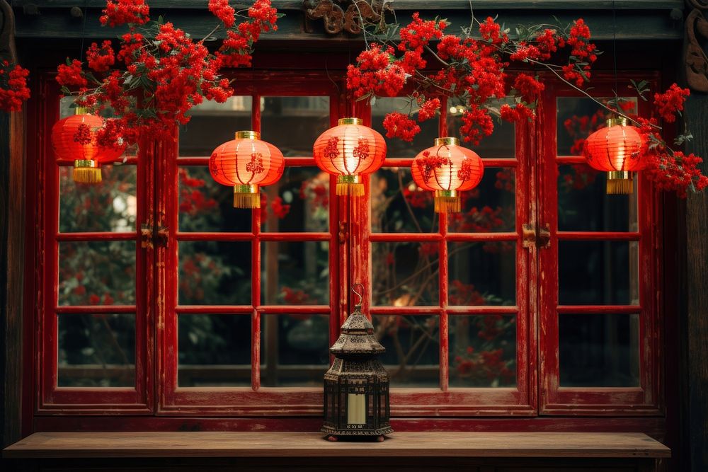 Wooden window frame lantern red architecture. AI generated Image by rawpixel.
