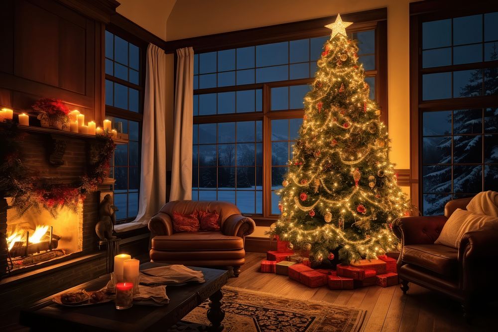 Christmas tree architecture fireplace building. AI generated Image by rawpixel.