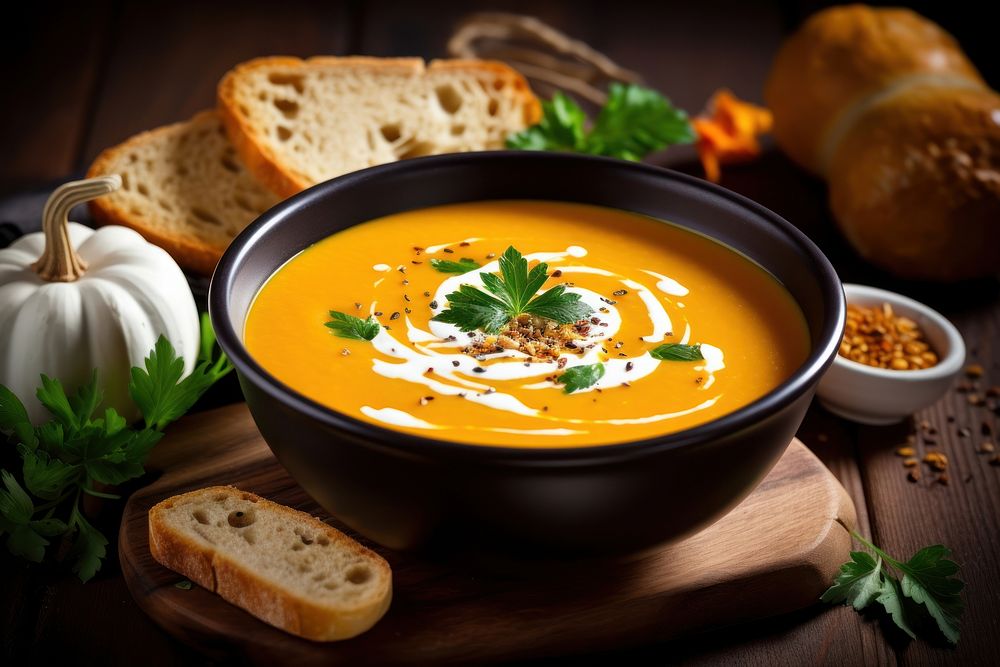 Creamy pumpkin soup bread food meal. AI generated Image by rawpixel.