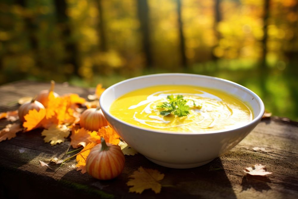 Creamy pumpkin soup outdoors autumn plant. AI generated Image by rawpixel.