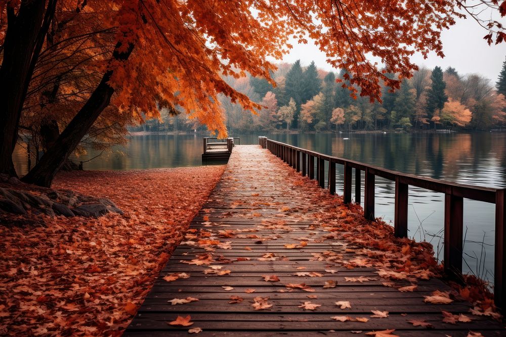 Wooden path autumn outdoors falling. AI generated Image by rawpixel.