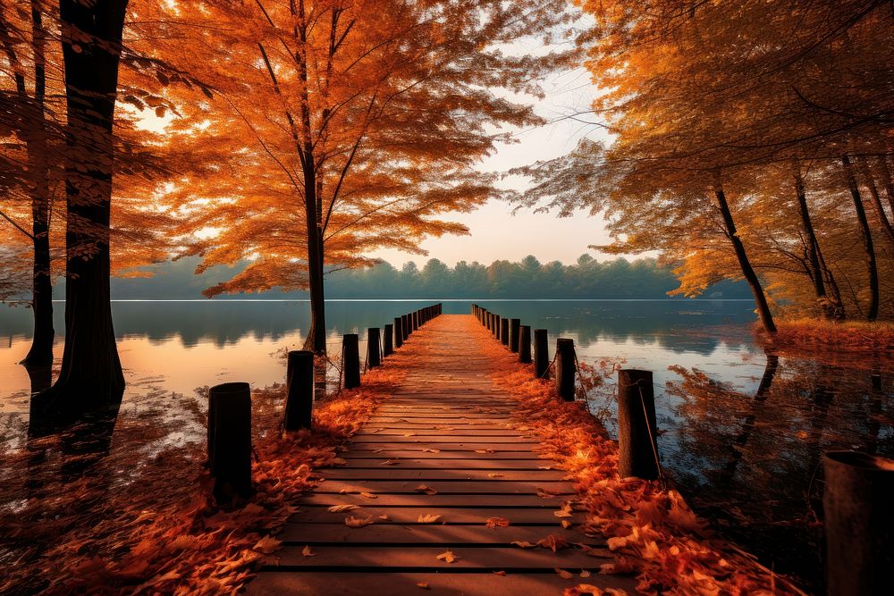Wooden path autumn landscape outdoors. AI generated Image by rawpixel.