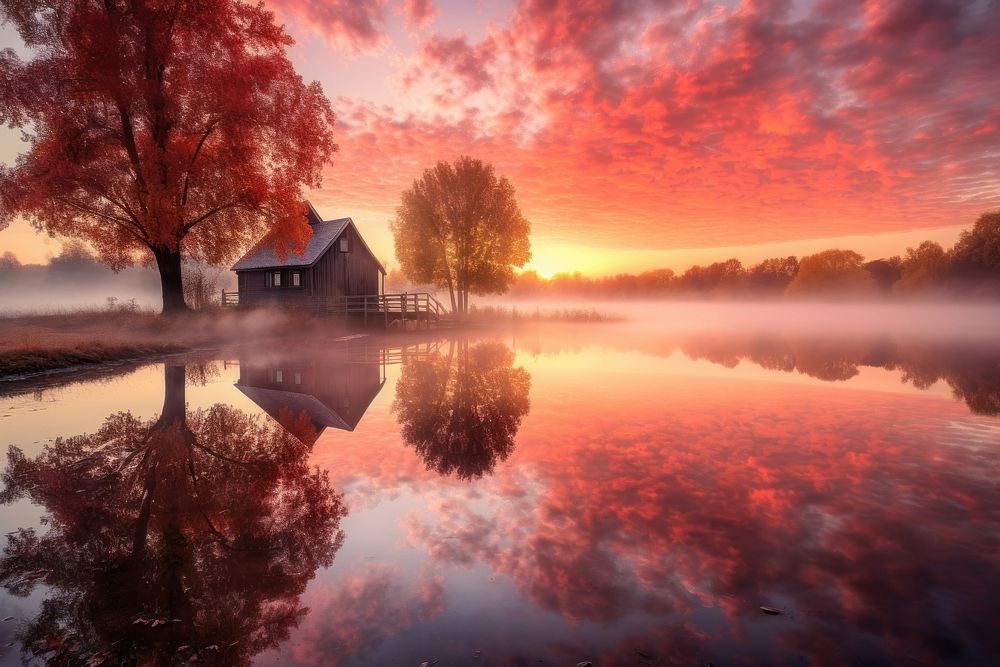 Beautiful sunrise autumn architecture landscape. AI generated Image by rawpixel.
