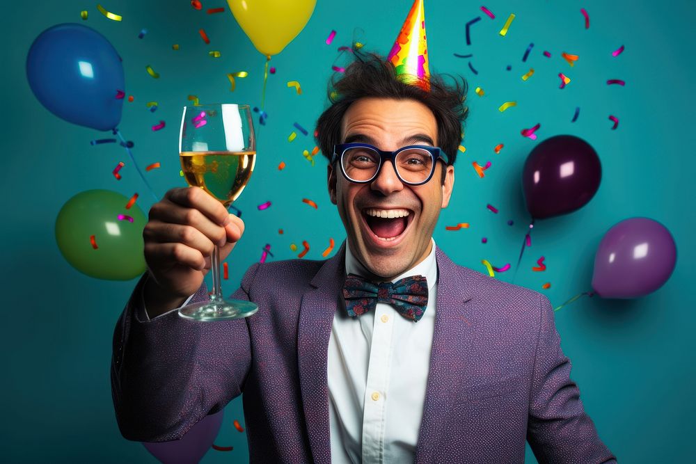 Nerdy guy laughing glasses balloon. AI generated Image by rawpixel.