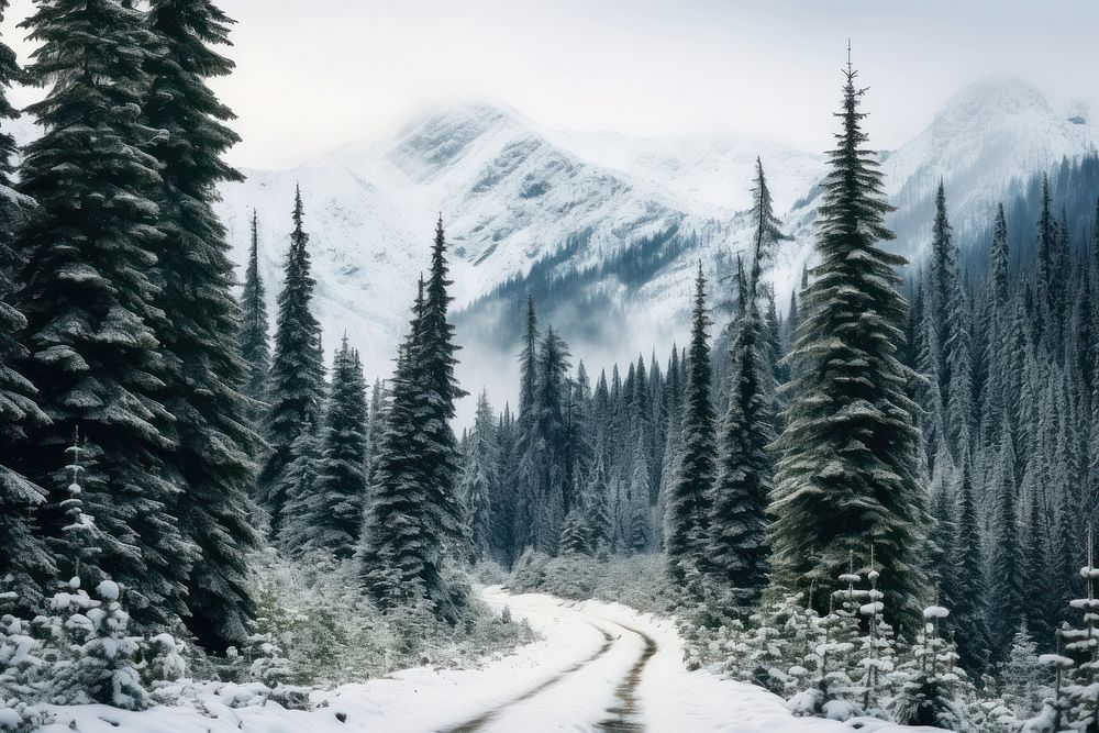 Snowy road mountain tree landscape. AI generated Image by rawpixel.