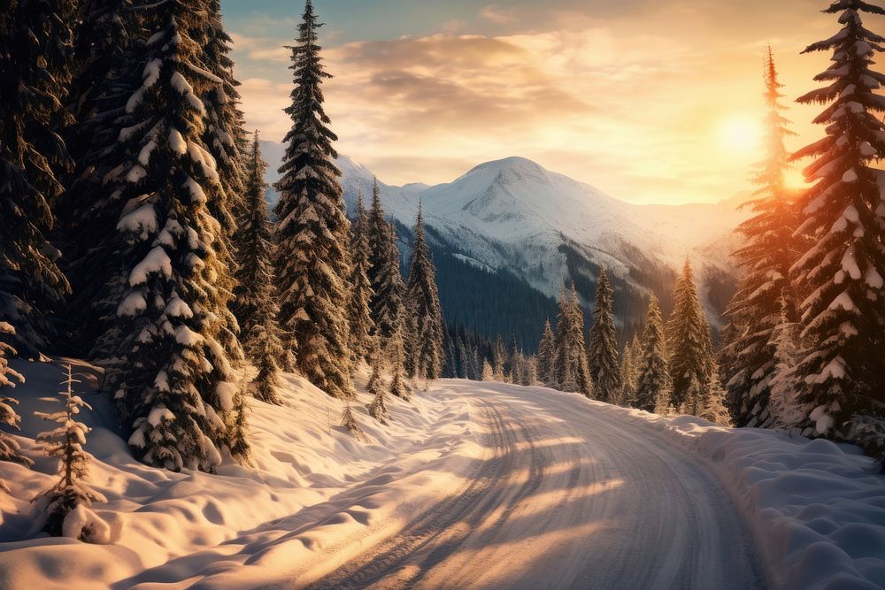 Snowy road tree landscape panoramic. AI generated Image by rawpixel.