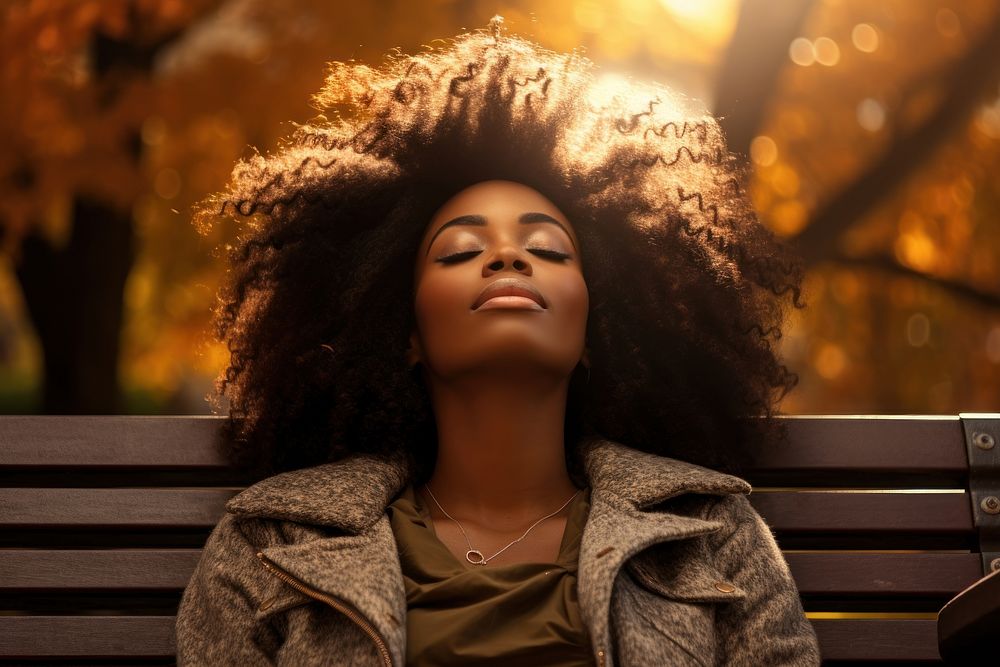 African american woman autumn bench adult. AI generated Image by rawpixel.