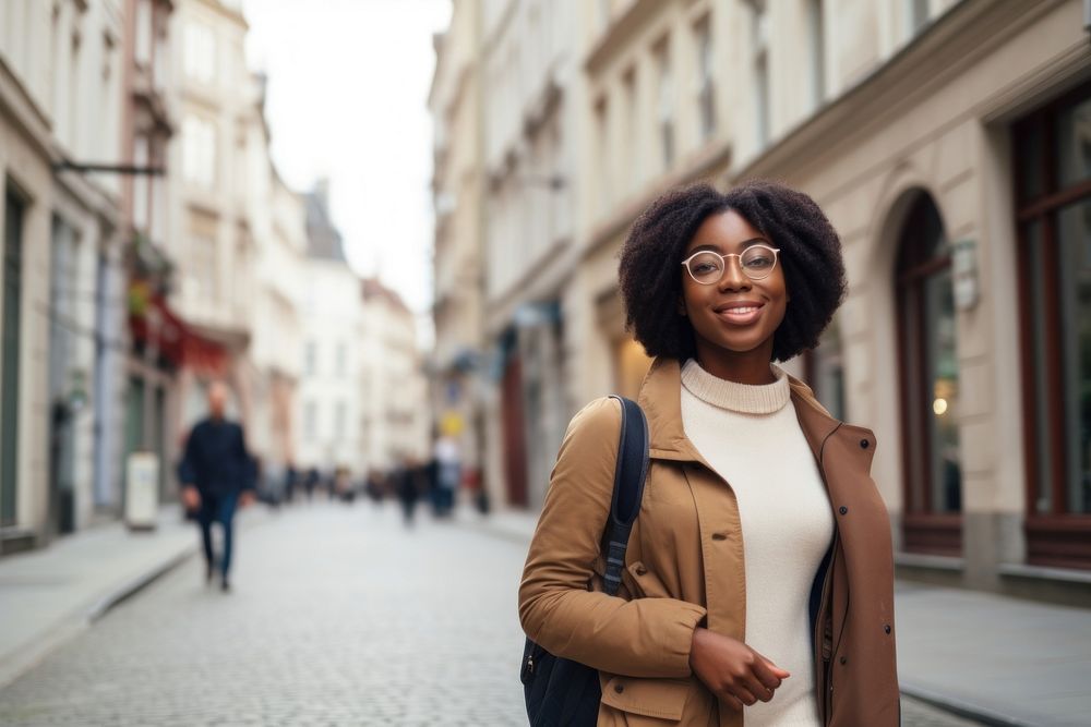 African american woman glasses walking street. AI generated Image by rawpixel.