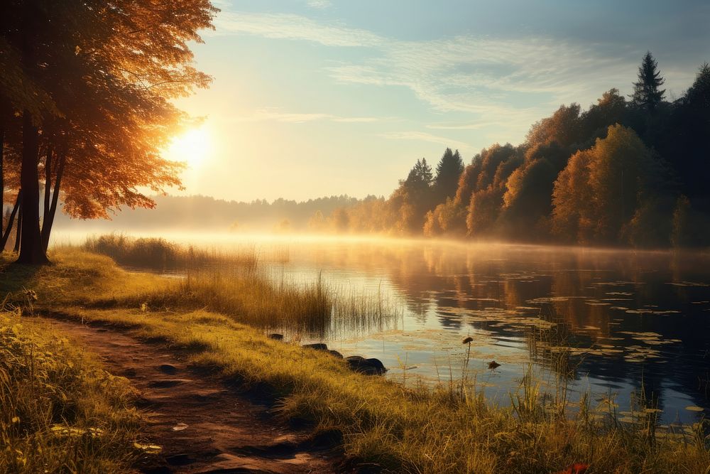 Beautiful morning light lake landscape sunlight. AI generated Image by rawpixel.