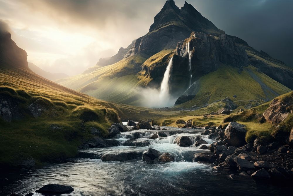 Beautiful waterfall landscape panoramic mountain. AI generated Image by rawpixel.