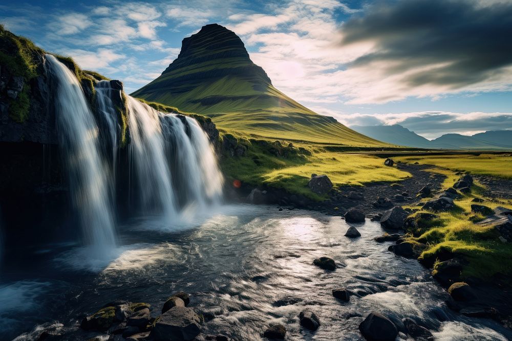 Beautiful waterfall landscape mountain outdoors. AI generated Image by rawpixel.