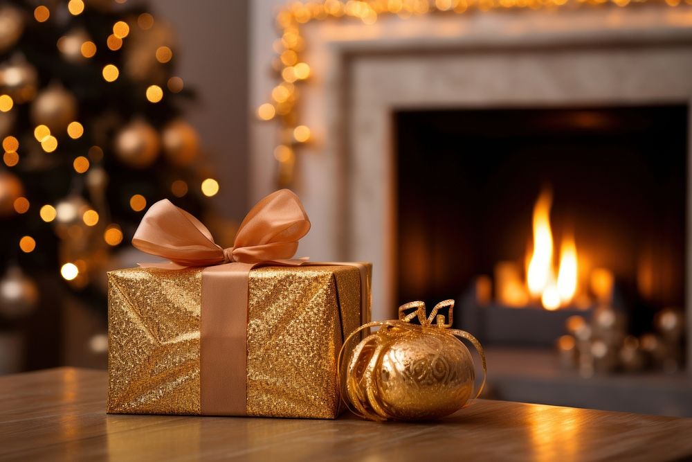 Golden christmas present fireplace tree christmas tree. AI generated Image by rawpixel.