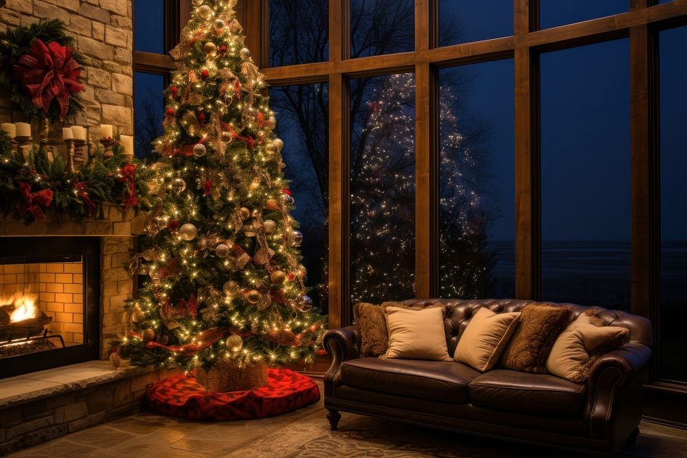 Decorated christmas tree fireplace night anticipation. AI generated Image by rawpixel.