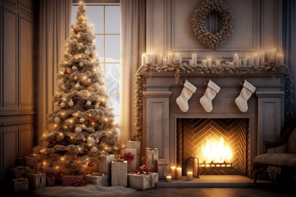 Christmas tree fireplace anticipation architecture. AI generated Image by rawpixel.