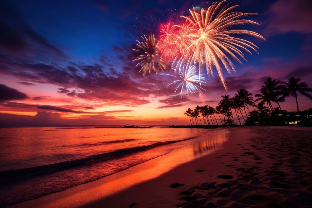 Fireworks beach outdoors nature. AI generated Image by rawpixel.