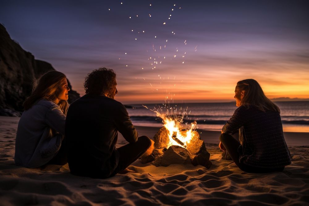 Friends beach fire outdoors. AI generated Image by rawpixel.