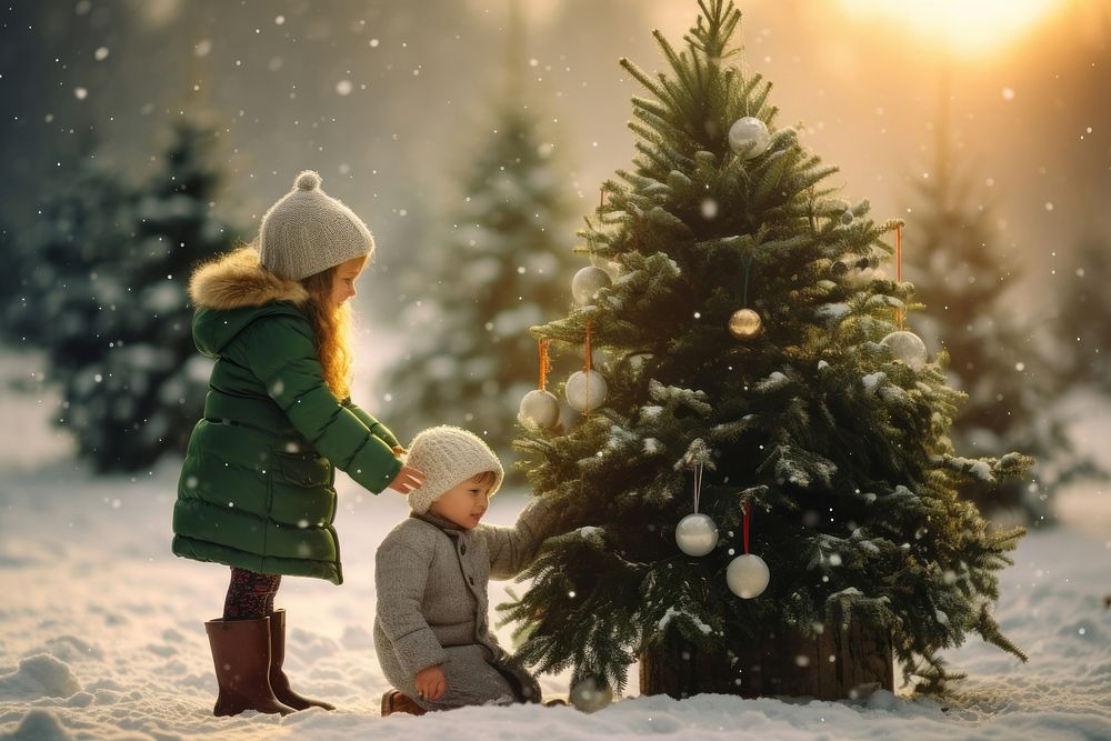 Decorating chirstmas tree christmas outdoors winter. AI generated Image by rawpixel.