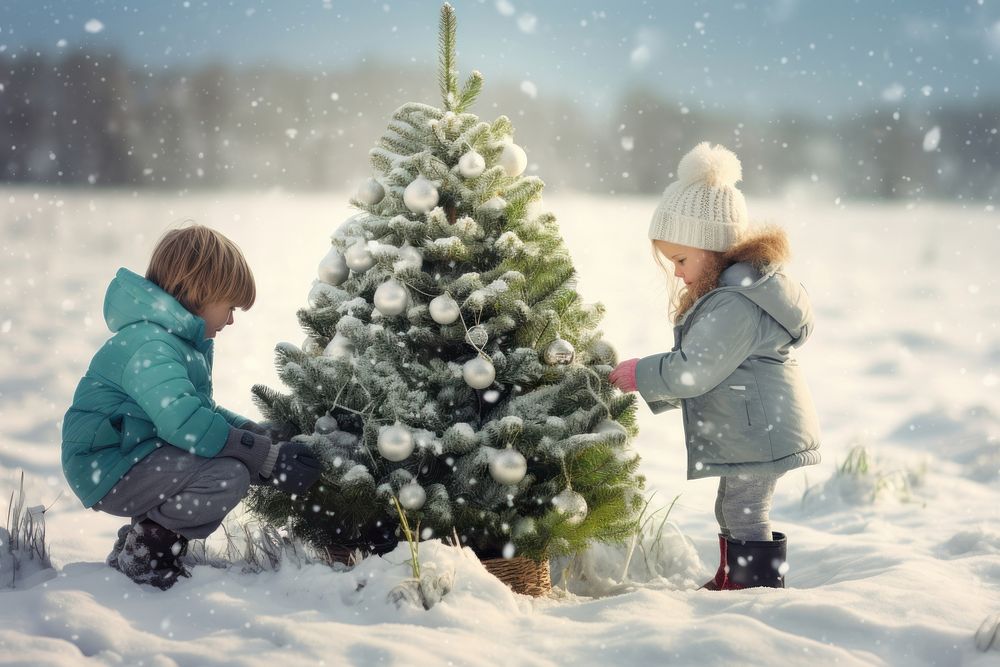 Decorating chirstmas tree outdoors winter nature. AI generated Image by rawpixel.