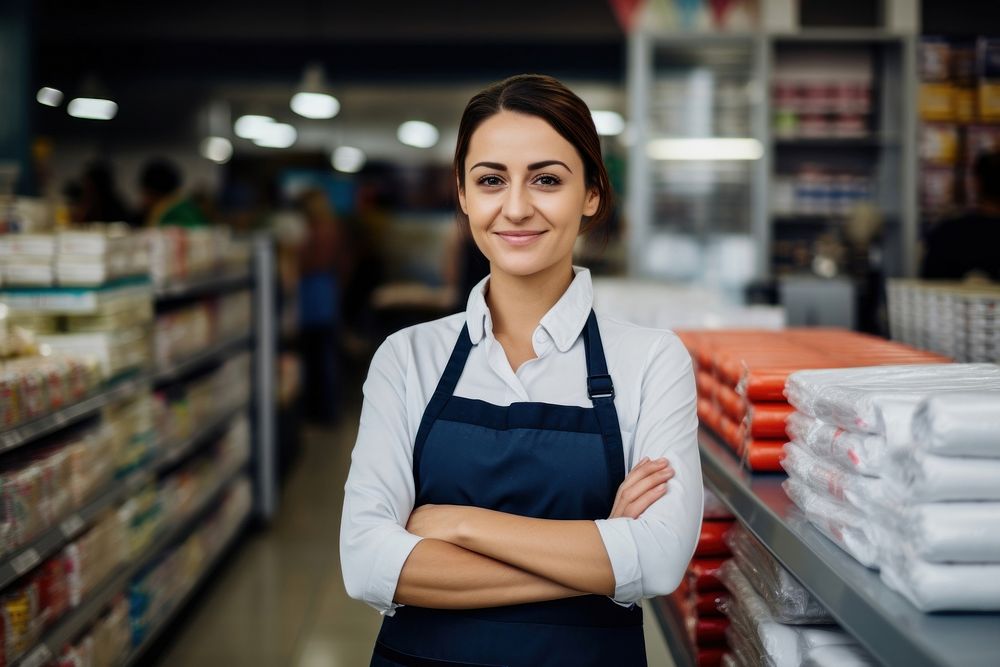 Saleswoman supermarket smiling adult. AI generated Image by rawpixel.