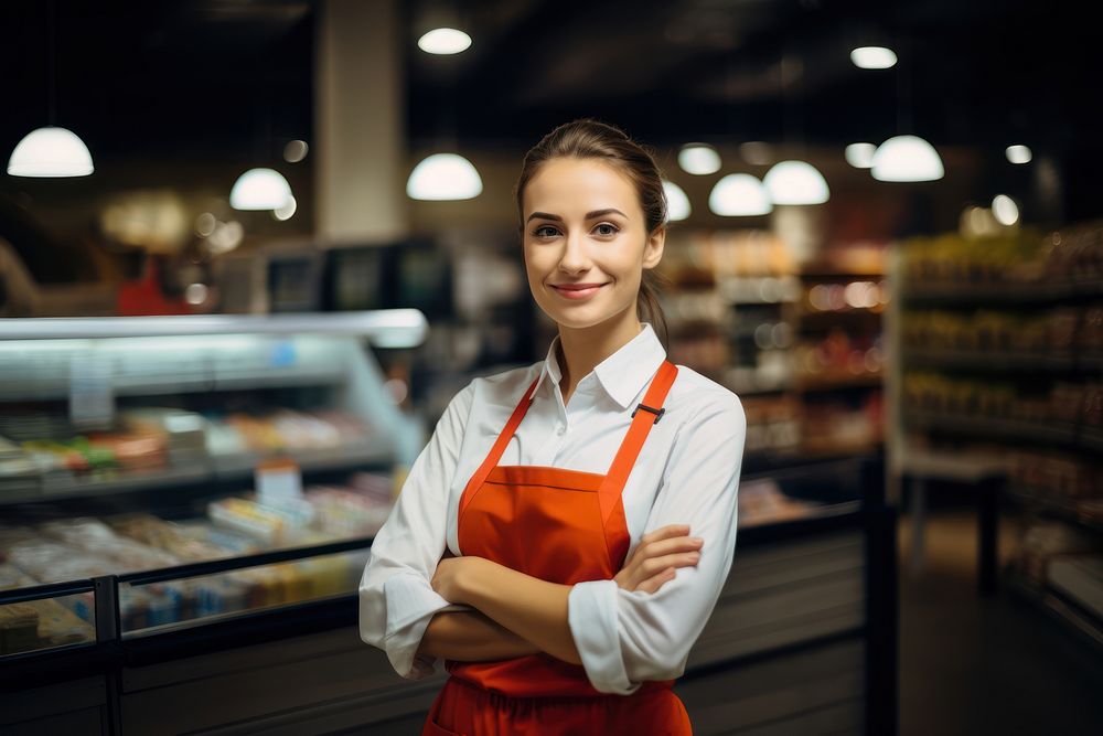 Saleswoman supermarket smiling apron. AI generated Image by rawpixel.