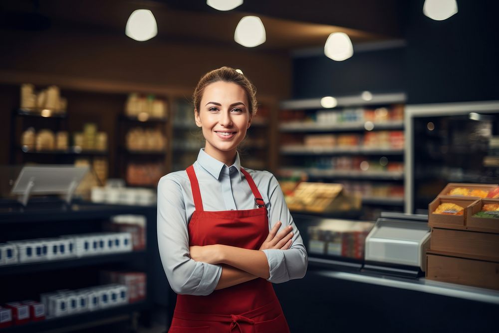 Saleswoman supermarket smiling entrepreneur. AI generated Image by rawpixel.