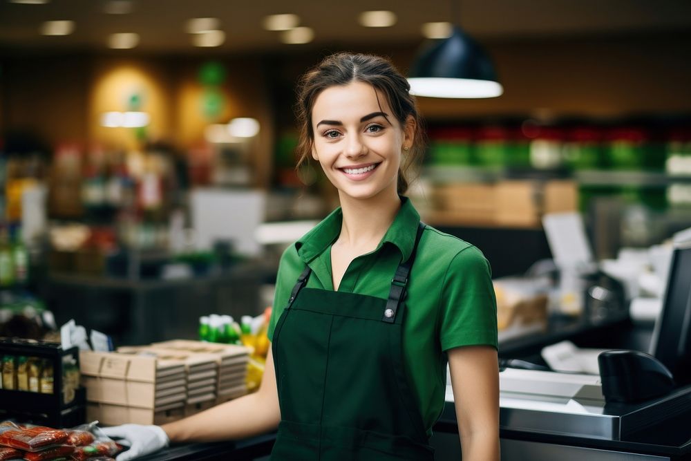 Attractive saleswoman cashier supermarket smiling adult. AI generated Image by rawpixel.