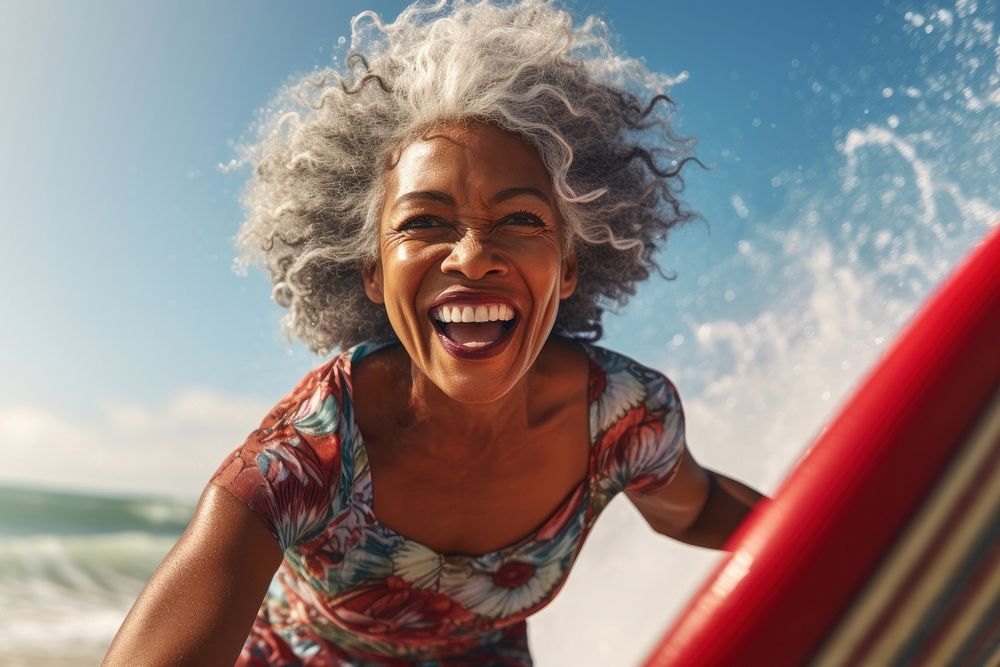 Mature african american woman laughing travel beach. AI generated Image by rawpixel.