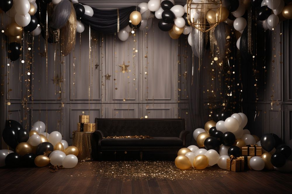 Party room backdrop, floating balloons. 