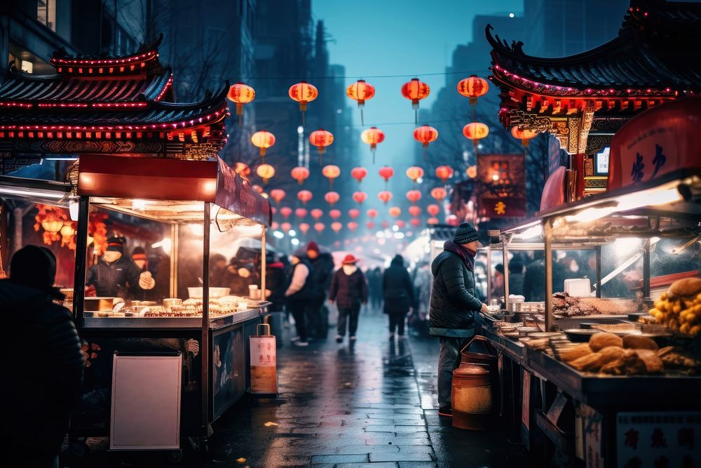 Street food stalls adult city chinese new year. 