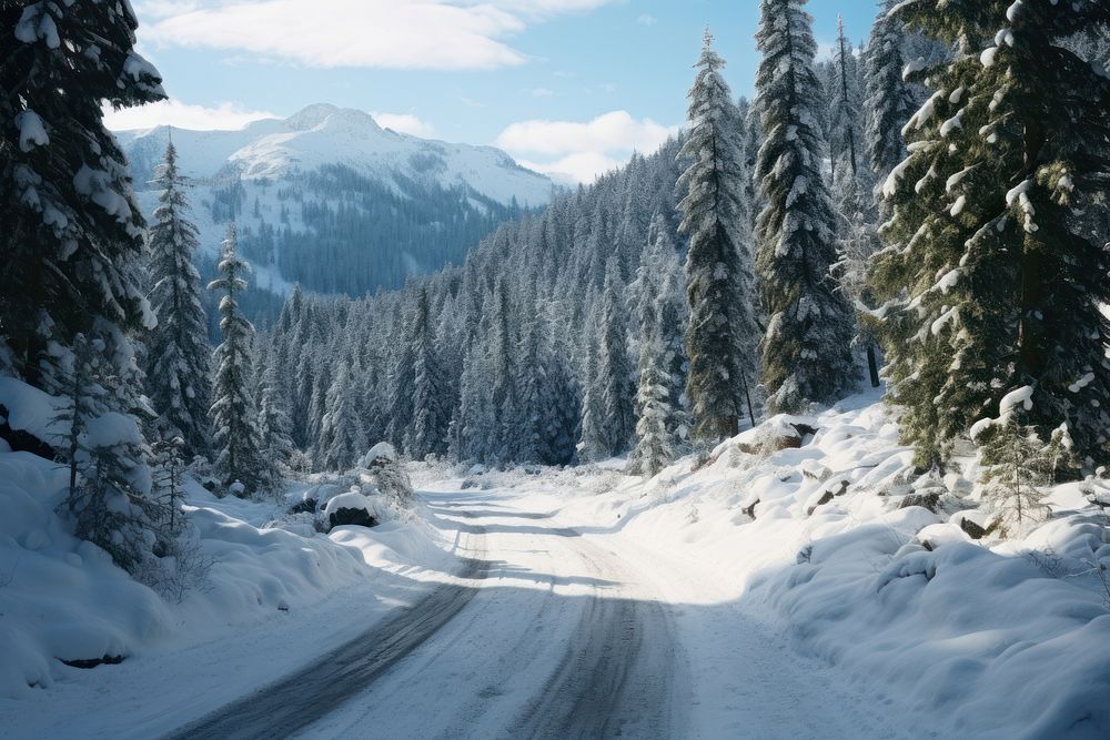 Mountain forest snow road. AI generated Image by rawpixel.