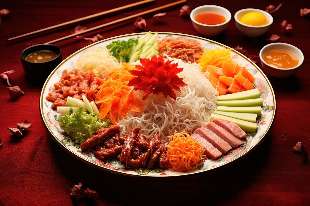 Yee sang chopsticks table plate. AI generated Image by rawpixel.
