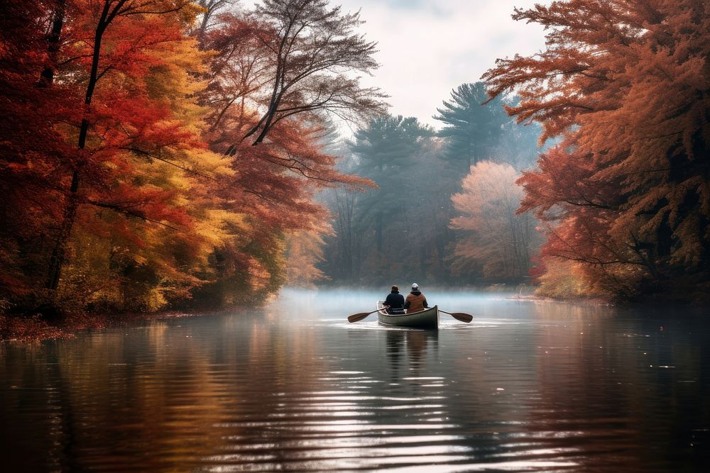 Couple paddling a canoe autumn vehicle rowboat. AI generated Image by rawpixel.