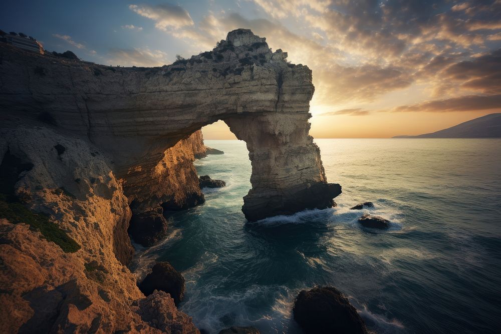 Arch formation landscape cliff sea. AI generated Image by rawpixel.
