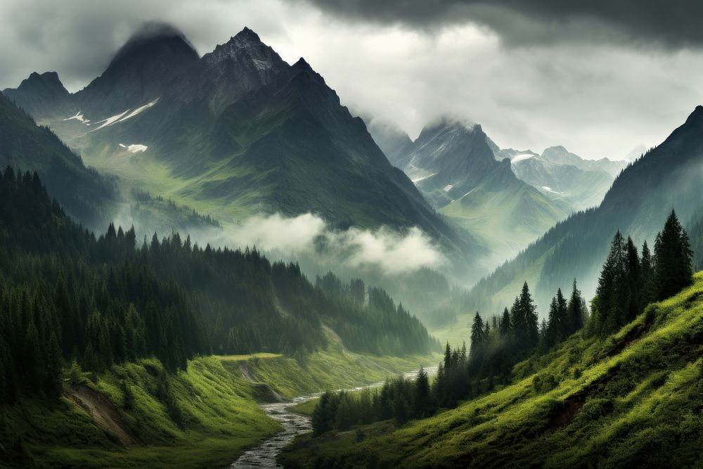 Beautiful mountains landscape wilderness panoramic. AI generated Image by rawpixel.