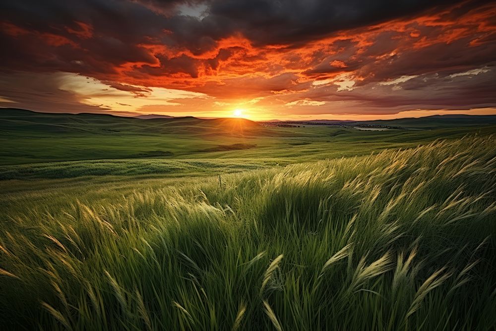 Spring grass landscape sunset grassland. AI generated Image by rawpixel.