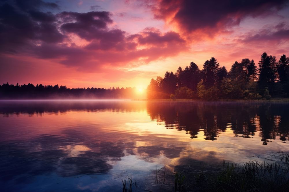 Beautiful lake landscape sunlight outdoors. AI generated Image by rawpixel.